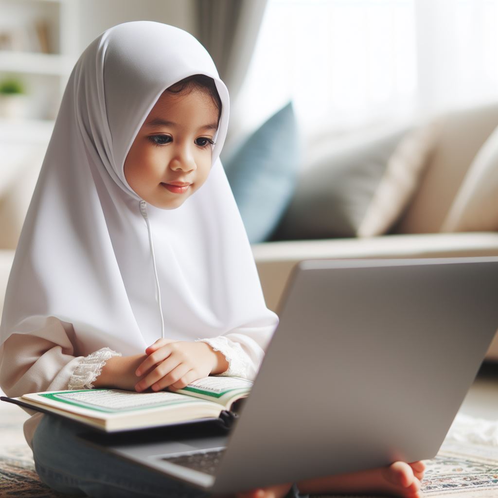 little girl learning quran online on laptop