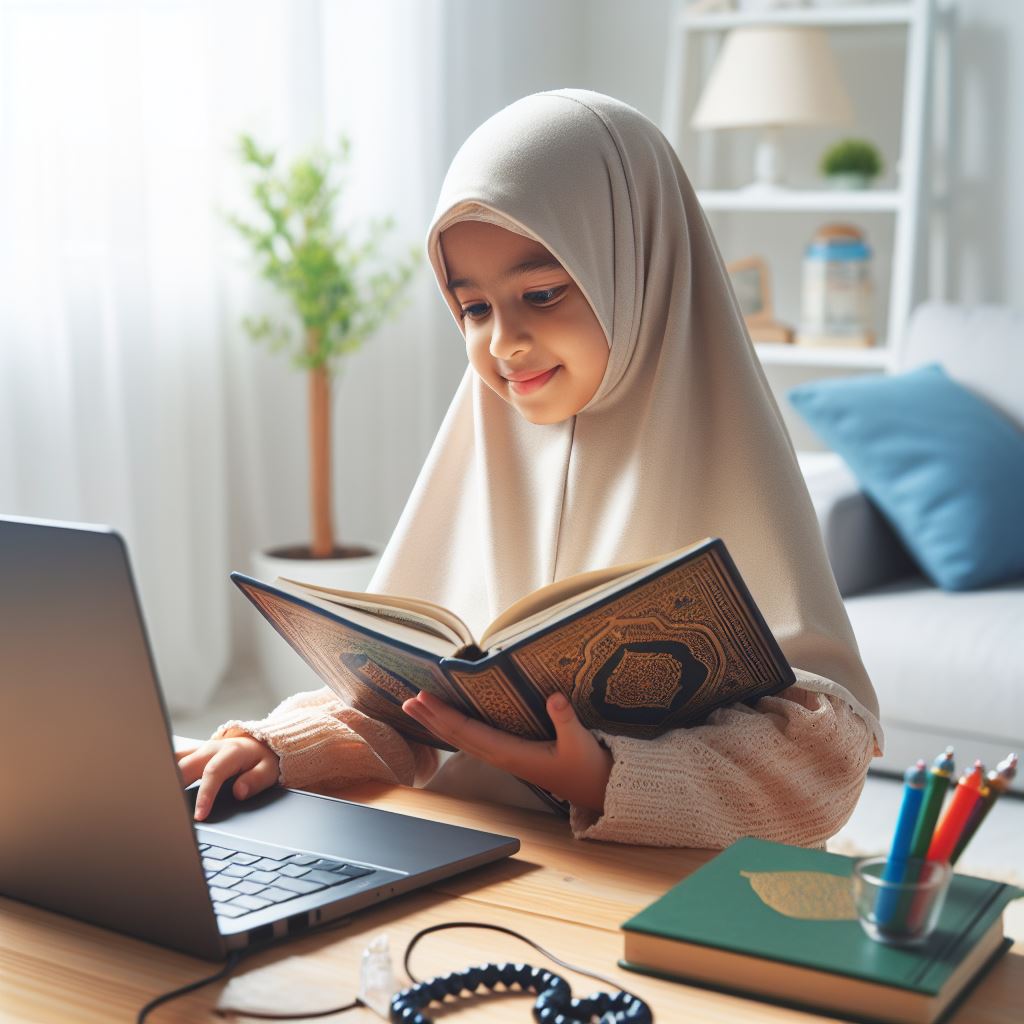 girl taking online quran class on laptop