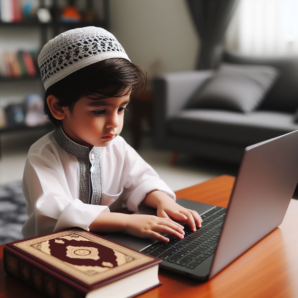 child learning quran online on laptop